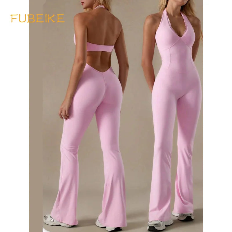 FUBEIKE New Lace Collar Yoga Wear Long Pants Solid ColorRunning Sports Halter Bodysuit Tight Yoga Pilates Sportswear Gym Clothes