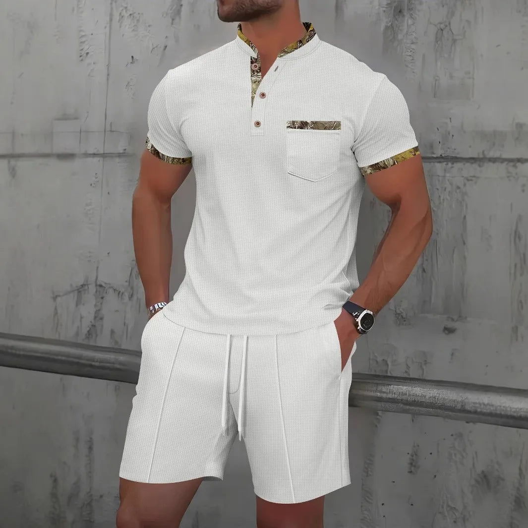 Waffle Zip Lapel Short Sleeve Suit Top for Men