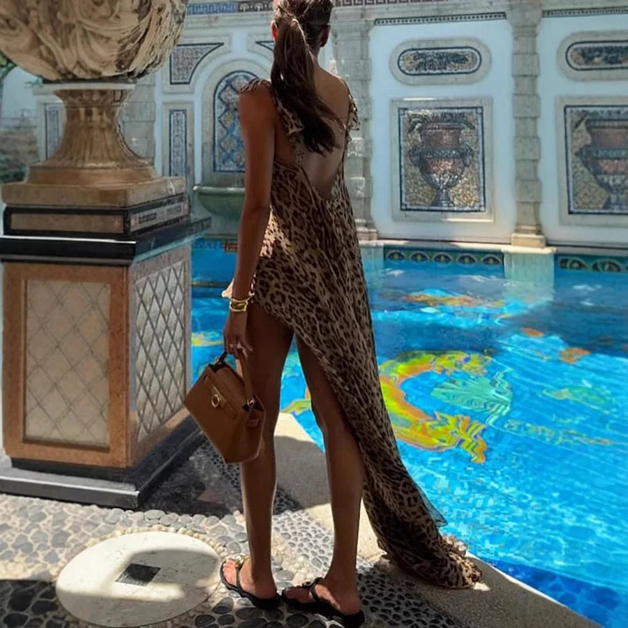 Women's Summer 2025 Beach Vacation Dress Set Chiffon Print Halter Long Dress Loose Leopard Print Shorts Elegant Casual Outfit