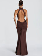 Mozision Turtleneck Backless Sexy Maxi Dress Women Gown Elegant Off-shoulder Sleeveless Ruched Bodycon Club Party Long Dress