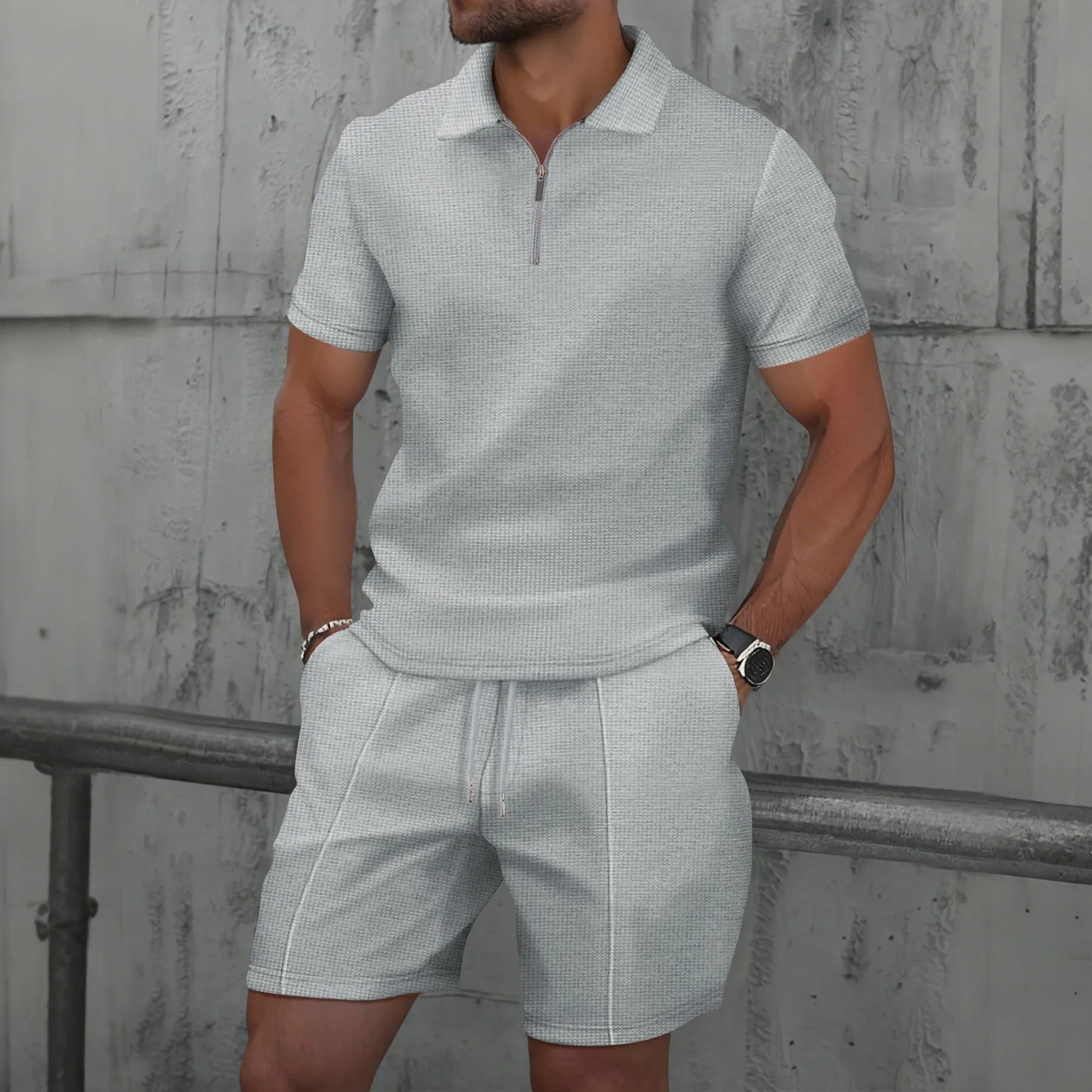 Waffle Zip Lapel Short Sleeve Suit Top for Men