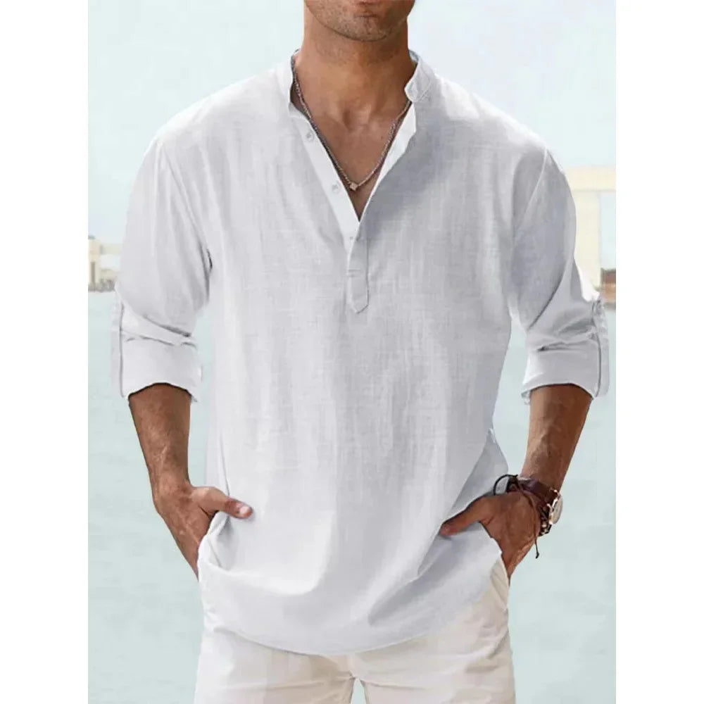 Cotton Linen Hot Sale Men's Long Sleeve Shirts Summer Solid Color Henley Collar Casual Beach Style Hawaiian Vacation