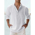 Cotton Linen Hot Sale Men's Long Sleeve Shirts Summer Solid Color Henley Collar Casual Beach Style Hawaiian Vacation