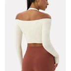 Women Sexy Off Shoulder Yoga Top Long Sleeve Gym Running Top Solid Quick-Dry Sport Workout Shirt