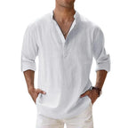 Cotton Linen Hot Sale Men's Long Sleeve Shirts Summer Solid Color Henley Collar Casual Beach Style Hawaiian Vacation