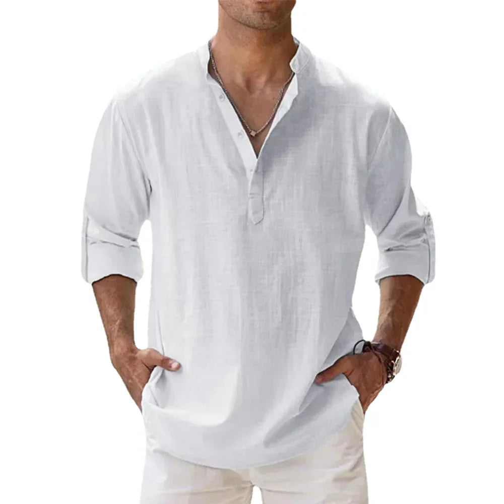 Cotton Linen Hot Sale Men's Long Sleeve Shirts Summer Solid Color Henley Collar Casual Beach Style Hawaiian Vacation
