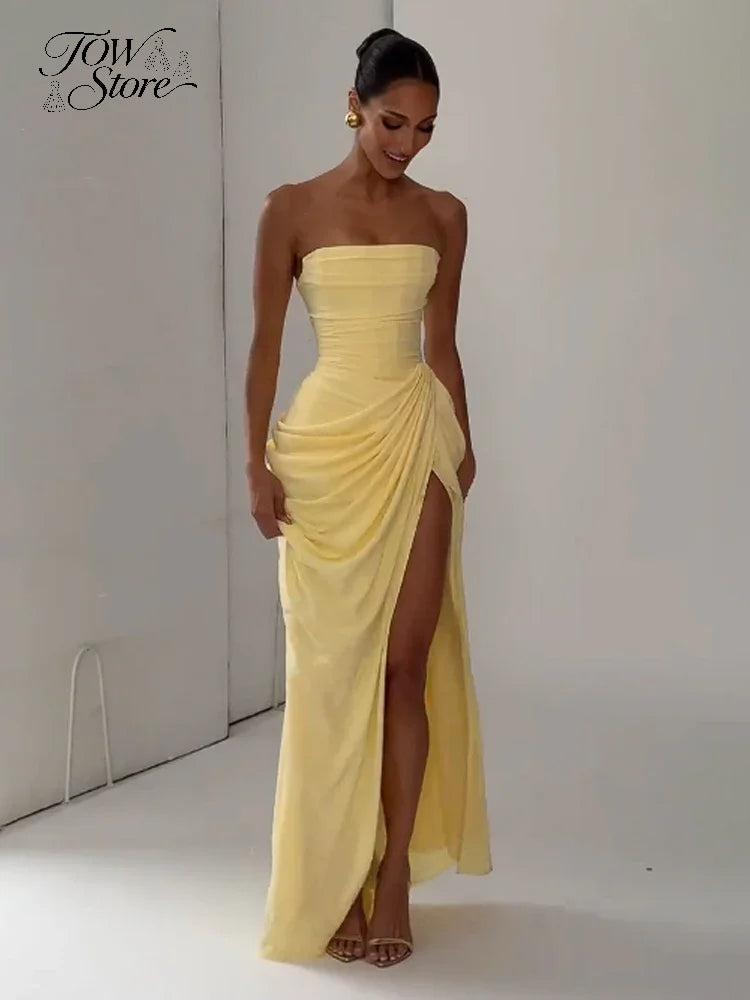 Women Sexy Solid Pleated Strapless Dress Lady Chic Off-shoulder Backless High Waist Split Dresses 2026 Summer Evening Party Gown