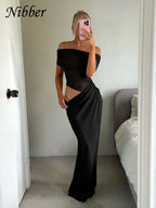 Nibber Ruched Irregular Dress Women Mesh Patchwork Slash Neck Short Sleeve Skinny Stretch Trend Elegant Long Bodycon Outfits