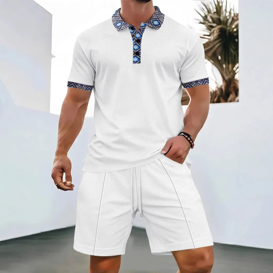 Waffle Zip Lapel Short Sleeve Suit Top for Men