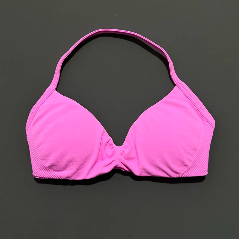 HISTELLO Impacts Strappy Bra Gym Top Women High Support Thin Strap Halter Sports Seamless Bra Scrunch Push-up Workout Yoga Tanks