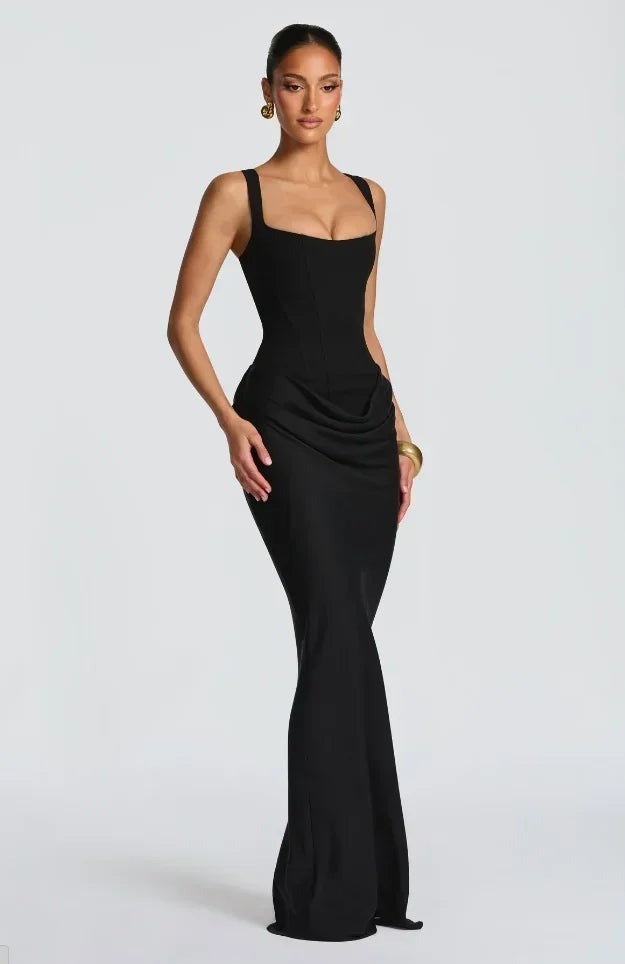 Solid Pleated Sling Dress Women Square Neck Sleeveless Off-shoulder Waist Cinching Slim Dresses Lady Summer Evening Party Gowns
