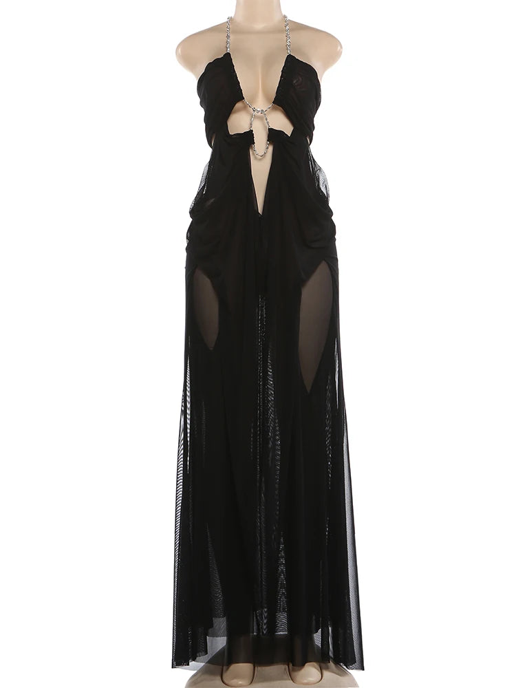 Kliou Ruched Elegant Gown Dress Woman Mesh Patchwork Luxury Chain Halter Backless Sleeveless Evening Prom Party Hipster Vestidos