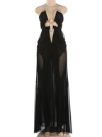 Kliou Ruched Elegant Gown Dress Woman Mesh Patchwork Luxury Chain Halter Backless Sleeveless Evening Prom Party Hipster Vestidos