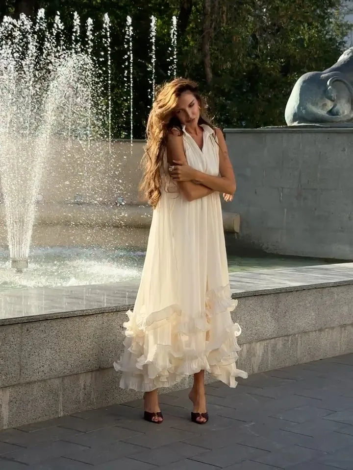Women Solid Ruffle  Maxi Dress Fashion Lapel V-neck Sleeveless Pleated High Waist Chic Dresses 2026 Summer Lady Vacation Robes