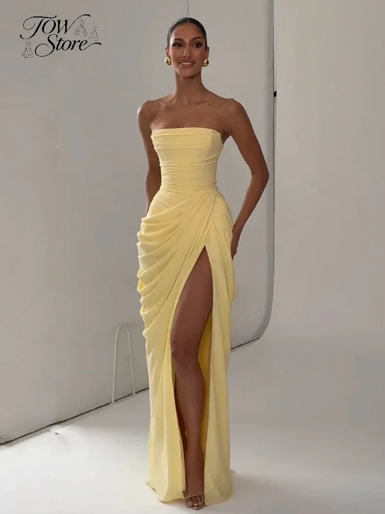 Women Sexy Solid Pleated Strapless Dress Lady Chic Off-shoulder Backless High Waist Split Dresses 2026 Summer Evening Party Gown